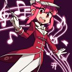  1girl bangs baton_(instrument) beamed_eighth_notes bow bowtie eighth_note eyebrows_visible_through_hair flat_sign gloves hair_between_eyes highres jakuzure_nonon kill_la_kill legs_together lkll long_hair long_sleeves looking_at_viewer musical_note pantyhose pink_hair purple_background red_eyes round_teeth sharp_sign solo staff_(music) symphony_regalia teeth turtleneck white_bow white_gloves white_legwear white_neckwear 