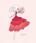  1girl barefoot blush coral dress english_text expressionless hair_ornament holding kamura_gimi long_hair looking_to_the_side original red_dress sleeveless sleeveless_dress solo white_hair 