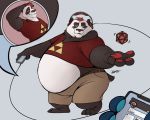  anthro before_and_after belly belly_overhang big_belly black_fur cellphone chubby_cheeks claws clothed clothing d20 dice duo fur giant_panda grin hair headphones holding_object holding_phone kygen male mammal midriff obese obese_male overweight overweight_male phone red_hair smartphone smile solo_focus standing toe_claws triforce ursid weight_gain white_fur 