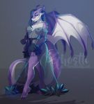  anthro breasts clothing dragon female ghostli horn looking_at_viewer nipples smile solo translucent translucent_clothing watermark wings 