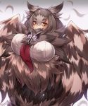  1girl alder bangs bird_wings blush breasts brown_hair commentary eyebrows_visible_through_hair feathers fluffy hair_between_eyes harpy large_breasts looking_at_viewer monster_girl monster_girl_encyclopedia necktie owl_mage_(monster_girl_encyclopedia) red_neckwear solo wide_hips winged_arms wings yellow_eyes 