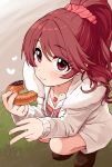  1girl blush brown_eyes brown_hair coat collarbone commentary doughnut eating eyebrows_visible_through_hair food full_body fur_trim grass hair_ornament hair_scrunchie heart heart_necklace highres holding holding_food idolmaster idolmaster_cinderella_girls jewelry loafers long_hair looking_at_viewer necklace omaru_gyuunyuu open_clothes open_coat ponytail scrunchie shiina_noriko shoes smile solo squatting v 