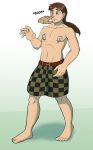  2019 ambiguous_gender barefoot brown_hair disembodied_hand duo hair hi_res human human_only kilt long_hair male mammal navel not_furry oter ponytail simple_background standing tattoo tharkis white_background 