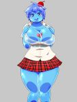  1girl blue_eyes blue_hair blush breasts cherry food fruit goo_girl heart huge_breasts monster_girl squarewave 