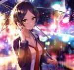  1girl bangs black_hair blurry blurry_background blush breasts city_lights cleavage collarbone collared_shirt commentary earrings hand_up hayami_kanade highres holding holding_umbrella idolmaster idolmaster_cinderella_girls ilo jacket jewelry long_sleeves looking_at_viewer medium_breasts necklace necktie open_clothes open_jacket open_mouth outdoors parted_bangs rain red_neckwear revision shirt short_hair signature solo umbrella white_shirt yellow_eyes 
