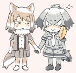  2girls 3: :| animal_ears bangs bird_tail blonde_hair chibi closed_mouth commentary_request edano_kiui elbow_gloves eyebrows_visible_through_hair flying_sweatdrops fox_ears fox_tail fur_collar gloves grey_hair grey_shirt grey_shorts hair_between_eyes hand_holding highres jitome kemono_friends light_brown_hair looking_at_another low_ponytail medium_hair multicolored_hair multiple_girls necktie pink_background pleated_skirt shirt shoebill_(kemono_friends) shorts side_ponytail simple_background skirt tail tibetan_sand_fox_(kemono_friends) wavy_mouth white_hair white_neckwear 
