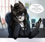  &lt;3 2018 anthro bernese_mountain_dog black_fur black_hair blue_eyes brown_fur business_suit canid canine canis chair claws clothed clothing digital_media_(artwork) domestic_dog english_text female fur hair head_on_hand holding_object holding_phone mammal marvel molosser mountain_dog office pepe_the_frog phone sally_(povinne10) sitting spider-man_(series) suit swiss_mountain_dog talilly text white_fur 