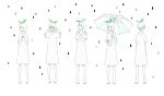  5girls bangs barefoot crying dress hair_between_eyes holding holding_umbrella kamura_gimi leaf medium_hair multiple_girls no_nose original personification plant_on_head profile rain short_hair short_sleeves standing umbrella white_background white_dress white_hair white_umbrella 