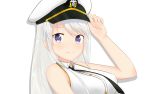  1girl arm_up azur_lane bangs bare_arms bare_shoulders black_neckwear blush breasts closed_mouth collared_shirt commentary_request dress_shirt enterprise_(azur_lane) eyebrows_visible_through_hair hair_between_eyes hand_on_headwear hat highres large_breasts long_hair looking_at_viewer military_hat necktie peaked_cap purple_eyes romaji_commentary shirt silver_hair simple_background sleeveless sleeveless_shirt smile solo upper_body white_background white_headwear white_shirt yuujoduelist 