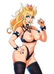  1girl bare_shoulders black_legwear blonde_hair blue_eyes blue_lipstick bowsette bracelet breasts collar cowboy_shot earrings eyeshadow fingernails horns jewelry large_breasts lipstick long_hair looking_at_viewer makeup mario_(series) nail_polish navel new_super_mario_bros._u_deluxe nipples pointy_ears revealing_clothes sharp_fingernails simple_background solo spiked_armlet spiked_bracelet spiked_collar spikes super_crown superboin thighhighs thong white_background 
