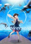  1girl 6+others aircraft airplane anchor_symbol anniversary bird black_footwear black_hair blue_dress blue_sky cloud commentary_request condensation_trail day drawstring dress eyes_closed fubuki_(kantai_collection) full_body grey_legwear hood hooded_jacket hoodie jacket jumping kantai_collection lace-up_shoes light_rays low_ponytail motion_blur multiple_others nigo number open_mouth outdoors polka_dot polka_dot_dress ponytail seagull short_ponytail sidelocks sky socks sunbeam sunlight white_jacket 