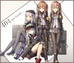  404 4girls absurdres assault_rifle bag bkyuuc black_footwear black_headwear black_legwear black_neckwear black_ribbon black_shorts blush boots brown_eyes brown_hair brown_jacket commentary cross eyebrows_visible_through_hair eyes_closed full_body g11_(girls_frontline) girls_frontline green_eyes green_headwear gun h&amp;k_g11 hair_between_eyes hair_ornament hat highres http_status_code jacket multiple_girls one_side_up panties ribbon rifle shirt shoes shorts side_ponytail sitting sleeping smile standing thighhighs twintails ump45_(girls_frontline) ump9_(girls_frontline) underwear weapon white_hair white_shirt yellow_eyes 