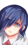  1girl angry blue_eyes blue_hair clenched_teeth commentary_request from_above g4265059 hair_over_one_eye highres kirishima_touka looking_at_viewer necktie one_eye_covered red_neckwear shirt short_hair simple_background solo teeth tokyo_ghoul white_background white_shirt 