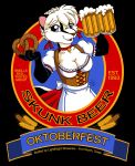  2019 alcohol anthro apron beer beverage black_fur blue_eyes braided_hair breasts choker cleavage clothed clothing cup english_text female fully_clothed fur grain hair mammal mephitid michele_light oktoberfest pretzel_(food) skunk skunk_beer solo text white_fur white_hair 