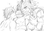  5_fingers abs anthro felid fur group hair human human_on_anthro interspecies magan male male/male mammal nomad_(tas) nude pantherine protagonist_(tas) smile srw225we striped_fur stripes tiger tokyo_afterschool_summoners twink_protagonist_(tas) video_games 