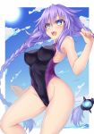  1girl bare_arms bare_shoulders blush braid breasts competition_swimsuit covered_navel covered_nipples highres kazuneko_(wktk1024) long_hair medium_breasts neptune_(series) one-piece_swimsuit open_mouth purple_eyes purple_hair purple_heart smile swimsuit symbol-shaped_pupils twin_braids very_long_hair 