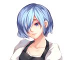  1girl apron black_apron blue_hair collarbone commentary_request g4265059 hair_over_one_eye kirishima_touka looking_at_viewer one_eye_covered parted_lips shirt short_hair simple_background smile solo tokyo_ghoul tokyo_ghoul:re white_background white_shirt 