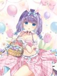  1girl :o animal_ear_fluff animal_ears balloon bangs bare_shoulders basket blue_bow blue_eyes blue_flower blue_ribbon blush bow braid breasts bunny_ears bunny_girl bunny_tail collarbone commentary_request crop_top easter easter_egg egg eyebrows_visible_through_hair flower frills gloves hair_bow hair_ribbon high_heels holding holding_basket large_breasts long_hair looking_at_viewer low_twintails original pale_color parted_lips pastel_colors pink_bow pink_flower pink_skirt plaid plaid_skirt polka_dot polka_dot_bow purple_flower purple_footwear purple_hair ribbon saeki_sora shoes short_twintails signature skirt solo tail twin_braids twintails upper_teeth white_flower white_gloves 