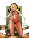  1girl arms_behind_back bangs bikini black_bikini blonde_hair blush breasts breasts_apart cameltoe commentary copyright_name covered_nipples cowboy_shot dark_skin english_commentary eyebrows_visible_through_hair hair_between_eyes highres hood japari_symbol kemono_friends king_cobra_(kemono_friends) long_hair looking_at_viewer mabbakmoe medium_breasts navel nose_blush parted_lips red_eyes shiny shiny_skin simple_background smile snake_tail solo stomach swimsuit tail thighs underboob 
