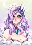  1girl atlantic_mercy blue_eyes breasts cleavage crown_hair_ornament earrings jewelry mercy_(overwatch) necklace overwatch purple_hair 
