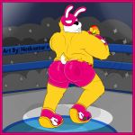  1:1 2019 anthro buckteeth butt clothing crowd easter easter_bunny easter_egg fighting_ring footwear fur glistening group hair holidays hood jiggle lagomorph leporid male mammal mask notkastar pose rabbit rainbow raised_tail shoes shorts signature slap solo spotlight standing swimming_trunks swimwear teeth 