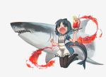  1girl apron black_legwear dress grey_hair highres monster_girl open_mouth original pantyhose porforever shark shark_girl shark_tail sharp_teeth simple_background teeth white_background 