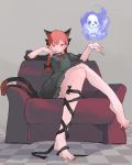  animal_humanoid armchair black_fur breasts cat_humanoid chair clothing crossed_legs dress feet felid felid_humanoid feline feline_humanoid female fire foot_focus fur green_dress hair hi_res humanoid mammal motsuni red_eyes red_hair ribbons rin_kaenbyou skull solo touhou video_games 