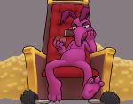  3_toes aardvark alcohol ambiguous_gender barefoot beverage bitcoon chair cigar cyril_sneer featureless_crotch first_person_view foot_focus front_view hi_res mammal sitting slippers smile smirk smug solo the_raccoons throne toes wine 