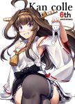  1girl ahoge arm_support bangs bare_shoulders blush boots breasts brown_footwear brown_hair detached_sleeves double_bun eyebrows_visible_through_hair grin hairband headgear highres holding ichikawa_feesu japanese_clothes kantai_collection kongou_(kantai_collection) legs_crossed long_hair looking_at_viewer nontraditional_miko petticoat purple_eyes remodel_(kantai_collection) sidelocks sitting skirt smile solo thigh_boots thighhighs 