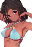  1girl armpits arms_up black_hair blue_bikini_top breasts cleavage dark_skin halterneck head_tilt idolmaster idolmaster_cinderella_girls looking_at_viewer medium_breasts medium_hair nail_polish natalia_(idolmaster) parted_lips pettan_p purple_eyes simple_background solo upper_body wet wet_hair white_background 