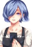  1girl apron black_apron blue_eyes blue_hair card collarbone commentary_request g4265059 hair_over_one_eye highres holding holding_card kirishima_touka looking_at_viewer one_eye_covered shirt short_hair simple_background solo tokyo_ghoul tokyo_ghoul:re upper_teeth white_background white_shirt 