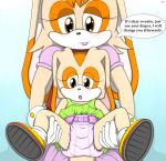  absurd_res anthro big_ears blush clothing cream_the_rabbit cub dialogue diaper duo family footwear hi_res holding_(disambiguation) lagomorph leporid mammal open_mouth rabbit shoes sitting sonic_(series) spread_legs spreading unistar vanilla_the_rabbit young 