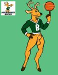  animal_genitalia anthro antlers athletic balls basketball cervid cervine clothing green_eyes hi_res horn male mammal mascot milwaukee_bucks nba santaint sheath shirt solo standing topwear 