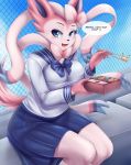  2019 anthro anthrofied blue_eyes chopsticks clothed clothing dialogue digital_media_(artwork) eeveelution english_text eyelashes female food fully_clothed hi_res holding_food holding_object looking_at_viewer mleonheart nintendo pok&eacute;mon pok&eacute;mon_(species) pok&eacute;morph school_uniform sitting solo sylveon text uniform video_games 