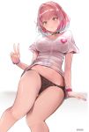  1girl absurdres ahoge arm_support bangs bare_legs black_panties blue_hair blush breasts closed_mouth embarrassed eyebrows_visible_through_hair fang highres idolmaster idolmaster_cinderella_girls large_breasts looking_at_viewer multicolored_hair navel panties pink_eyes pink_hair pjkka see-through shirt short_hair short_sleeves solo t-shirt tears thigh_gap thighs two-tone_hair underwear wavy_mouth white_shirt yumemi_riamu 