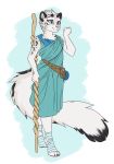  ankle_wraps anthro blue_eyes cheek_tuft clothing dress e-pon felid female fluffy fluffy_tail hi_res holding_object inner_ear_fluff mammal pantherine simple_background smile snow_leopard solo staff standing tuft yarn 