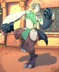  2019 anthro avian beak big_hands bird breath_of_the_wild clothed clothing crossdressing dancing digital_media_(artwork) feathers gerudo_outfit hi_res male midriff nintendo open_mouth rito tattoorexy the_legend_of_zelda translucent translucent_clothing veil video_games 