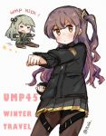  2girls chibi chinese_commentary commentary_request english_text fighting_stance flying_kick girls_frontline jacket kicking kung_fu multiple_girls plug_(feng-yushu) siblings sisters twitter_username ump40_(girls_frontline) ump45_(girls_frontline) 