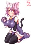  1girl alternate_costume animal_ears artist_logo bell black_gloves black_legwear cat_ears cat_tail commentary_request dated dress elbow_gloves full_body gloves highres jingle_bell kanon_(kurogane_knights) kantai_collection looking_at_viewer paw_boots paw_gloves paws pink_hair purple_dress red_eyes seiza short_hair simple_background sitting solo tail tama_(kantai_collection) thighhighs white_background 