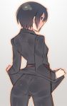  1girl ass bangs belt black_eyes black_hair breasts cowboy_shot em kino kino_no_tabi looking_at_viewer looking_back outline shirt_lift simple_background small_breasts solo standing tomboy 
