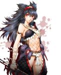  1girl bandage bandaged_arm bandages belt black_hair black_panties blood blood_splatter breasts cowboy_shot eyebrows_visible_through_hair faulds hair_between_eyes hairband highres holding holding_sword holding_weapon imo_(evekelu-111) long_hair looking_at_viewer medium_breasts monster_hunter nargacuga open_mouth panties red_eyes red_hairband shiny shiny_hair solo standing sword underboob underwear very_long_hair weapon white_background 