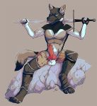  animal_genitalia animal_penis anthro armor balls canid canine canine_penis canis clothed clothing erection jeanwoof knot looking_at_viewer male mammal mask melee_weapon open_mouth penis sitting solo sword topless weapon wolf 