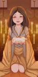  1girl breasts brown_hair divine_child_of_rejuvenation full_body happy japanese_clothes kimono kneeling long_hair long_sleeves looking_at_viewer open_mouth reaching_out rice sekiro:_shadows_die_twice smile solo wide_sleeves 