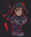  ! 1girl bandanna black_background commentary_request cosplay gun h&amp;k_usp handgun idolmaster idolmaster_cinderella_girls metal_gear_(series) multitrip natalia_(idolmaster) one_eye_closed pistol solid_snake solid_snake_(cosplay) suppressor weapon 