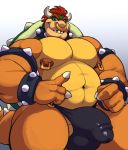  2018 analon_(artist) anthro balls belly bowser bulge choker claws clothing facial_piercing hair hi_res humanoid_penis koopa looking_at_viewer male mario_bros muscular muscular_male navel nintendo nipple_piercing nipples nose_piercing pecs penis penis_outline piercing red_hair scalie shell smile solo spiked_shell spiked_tail spikes video_games 