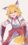  1girl :d absurdres animal_ear_fluff animal_ears apron bangs blonde_hair brown_apron brown_background brown_eyes collarbone commentary double_fox_shadow_puppet eyebrows_visible_through_hair fang flower fox_ears fox_girl fox_shadow_puppet fox_tail hair_between_eyes hair_flower hair_ornament hakama highres japanese_clothes kimono long_hair long_sleeves looking_at_viewer multicolored multicolored_eyes open_mouth red_flower red_hakama ribbon-trimmed_sleeves ribbon_trim senko_(sewayaki_kitsune_no_senko-san) sewayaki_kitsune_no_senko-san signature simple_background smile solo tail tegar32 white_background white_kimono wide_sleeves yellow_eyes 