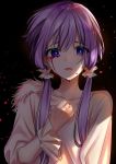  1girl bangs black_background blood bloody_tears blue_eyes bright_pupils clenched_hand collarbone crying crying_with_eyes_open eyebrows_visible_through_hair frilled_sleeves frills hand_on_own_chest light long_sleeves looking_at_viewer parted_lips purple_hair shirt short_hair_with_long_locks sidelocks solo tears upper_body vocaloid voiceroid white_shirt yodare_(3yami8) yuzuki_yukari 