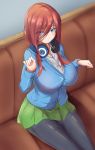  1girl :o blue_cardigan blue_eyes blush breasts couch eyebrows_visible_through_hair eyes_visible_through_hair go-toubun_no_hanayome green_skirt hair_between_eyes hair_over_one_eye headphones headphones_around_neck j.roswel large_breasts long_hair long_sleeves looking_at_viewer miniskirt nakano_miku on_couch pantyhose parted_lips paw_pose pleated_skirt shirt sitting skirt solo white_shirt 
