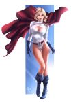  1girl alien belt blonde_hair blue_eyes bodysuit boots breasts cape cleavage cleavage_cutout dc_comics full_body gloves kryptonian legs leotard light long_sleeves looking_at_viewer pose power_girl red_cape solo superman_(series) thighs white_leotard 
