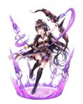  1girl armlet armor arrow belt black_cape black_hair black_legwear bow bow_(weapon) breasts brown_hair cape cleavage fantasy full_body hair_bow highres holding holding_weapon long_hair lunacle magic_circle medium_breasts open_mouth original pleated_skirt ponytail purple_eyes quiver skirt standing standing_on_one_leg thighhighs very_long_hair weapon white_background white_bow 
